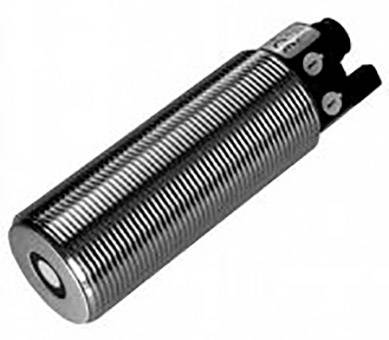 Zylindrischer Metallzylinder, möglicherweise ein Sensor oder technisches Bauteil, zeigt Gewinde und Anschlusskontakte.
