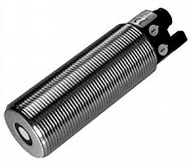 Zylindrischer Sensor aus Metall mit gerilltem Gehäuse und elektrischen Anschlüssen am oberen Ende.