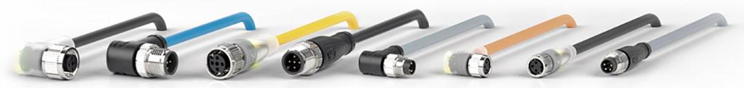 Mehrere industrielle Steckverbinder in verschiedenen Farben und Größen nebeneinander aufgereiht; sie liegen auf einer reflektierenden Oberfläche.