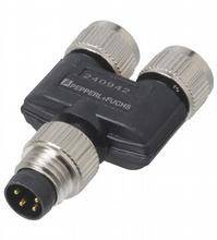 Ein T-Stück-Steckverbinder von Pepperl+Fuchs mit drei Anschlussbuchsen. Hergestellt aus Metall und Kunststoff, geeignet für industrielle Anwendungen.