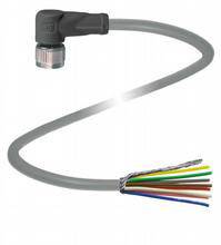 Ein graues Anschlusskabel mit einem abgewinkelten Stecker und offenen, farblich kodierten Drähten am anderen Ende.