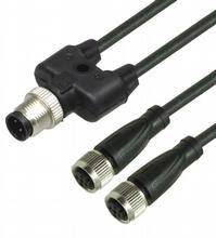Ein dreipoliger T-Stecker-Splitter mit einem Stecker und zwei Buchsen, geeignet für industrielle oder elektronische Anwendungen.