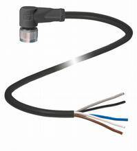 Schwarzes Stromkabel mit mehreren freiliegenden farbigen Drähten an einem Ende und einem schwarzen Kunststoffstecker am anderen Ende.