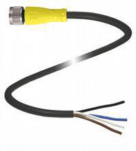 Schwarzes Kabel mit gelbem Stecker und silberner Verschraubung, zeigt vier freiliegende Drähte: schwarz, braun, blau und weiß.