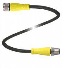 Ein gelbes, flexible Kabel mit Metallanschlüssen an beiden Enden, in einer geschwungenen Form dargestellt.