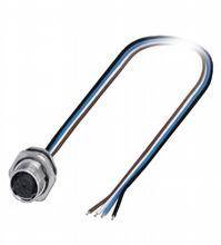 Stecker mit Kabeln: Ein runder Metallstecker mit drei herausgeführten blanken Kabeln in Blau, Schwarz und Braun.