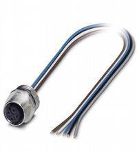 Ein Kabelstecker mit mehreren farbigen Drähten, einschließlich blau und braun, zeigt in einem leichten Bogen nach oben.