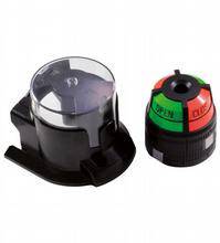 Kunststoff-Drehknopf mit transparentem Schutzdeckel links und kleinerem, farbig markiertem Einstellrad rechts mit 'OPEN' und 'CLOSE' Markierungen.