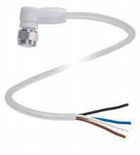 Ein weißes, flexibles Kabel mit einem Metallstecker an einem Ende und vier offenen Drähten (schwarz, braun, blau, grün) am anderen Ende.