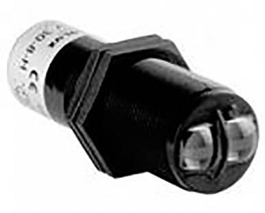 Zylindrischer Sensor mit schwarzem Gehäuse und metallischer Befestigung, verwendet in automatisierten industriellen Anwendungen.