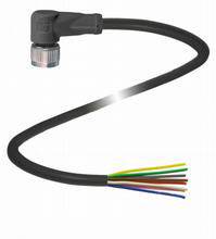 Schwarzes Kabel mit mehreren farbigen Innenleitungen und abgewinkeltem Steckverbinder, geeignet für elektrische Anschlüsse.