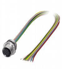 Ein runder Steckverbinder mit mehreren angebrachten, farbigen Drähten. Der Stecker hat zahlreiche Pins für die elektrische Verbindung.