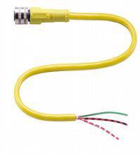 Gelbes, gebogenes Kabel mit einem Steckverbinder an einem Ende und freiliegenden Drähten am anderen.