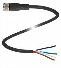 Ein schwarzes Kabel mit Stecker am oberen Ende und vier freiliegenden farbigen Drähten am unteren Ende auf weißem Hintergrund.
