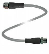 Ein graues flexibles Kabel mit schwarzen Enden und Metallanschlüssen ist in einer S-Form gebogen.