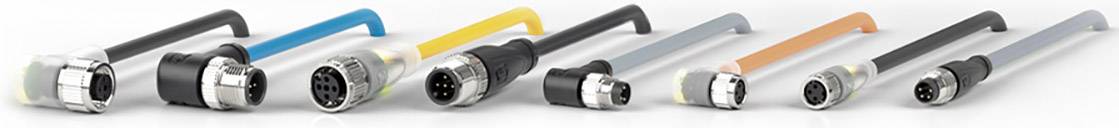 Mehrere bunte M12-Steckverbinder in einer Reihe, teilweise mit Kabeln.