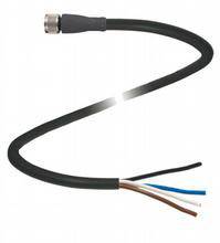 Schwarzes Kabel mit einer Metallverbindung an einem Ende und offenen Drähten in verschiedenen Farben am anderen Ende.