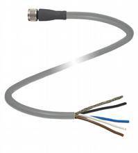 Graues Kabel mit abisolierten Enden, zeigt fünf bunte Adern. Oben befindet sich ein Metallstecker, wahrscheinlich für elektrische Anwendungen.