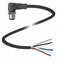 Schwarzes Kabel mit fünf farbigen Drahtenden und gewinkeltem Stecker. Geeignet zur Verbindung von elektronischen Geräten.