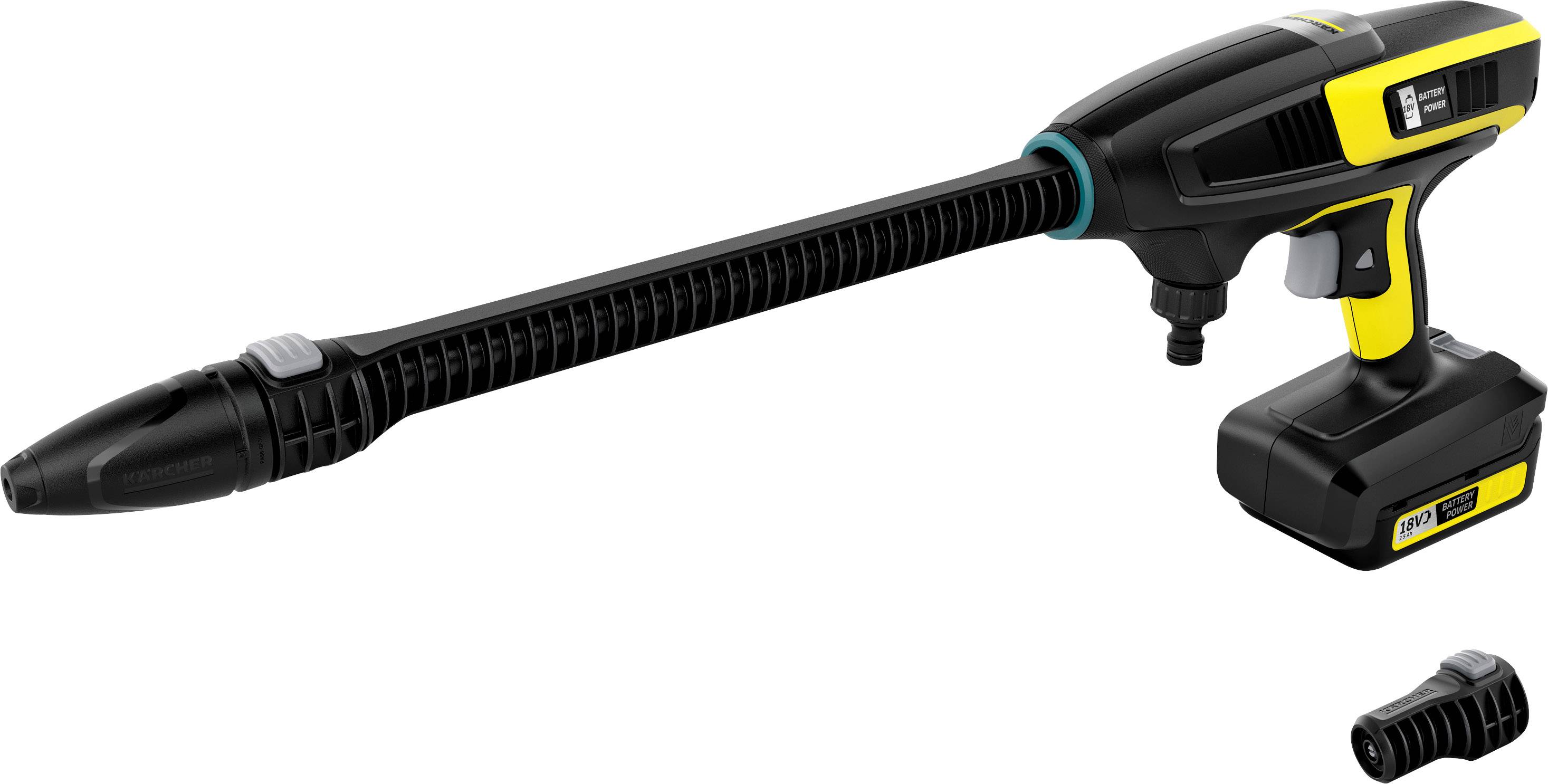 Ein kabelloser Hochdruckreiniger mit langem Düsenaufsatz und zusätzlicher Düse abgebildet. Gerät hat gelb-schwarzes Design.