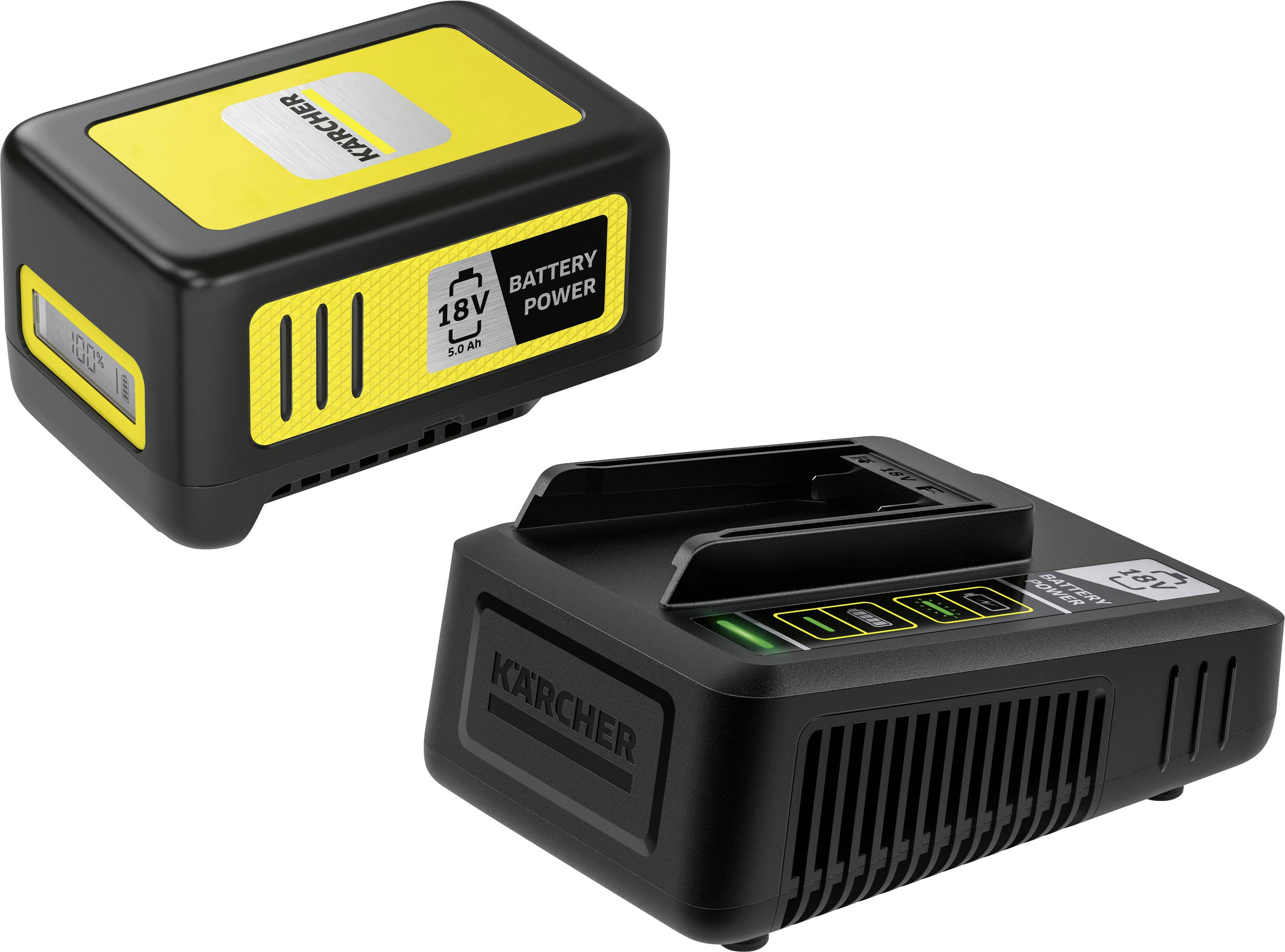 Akkuladestation mit gelbem 18V Akku von Kärcher. Akku hat Batterieanzeige, Ladestation zeigt grünes Licht an.