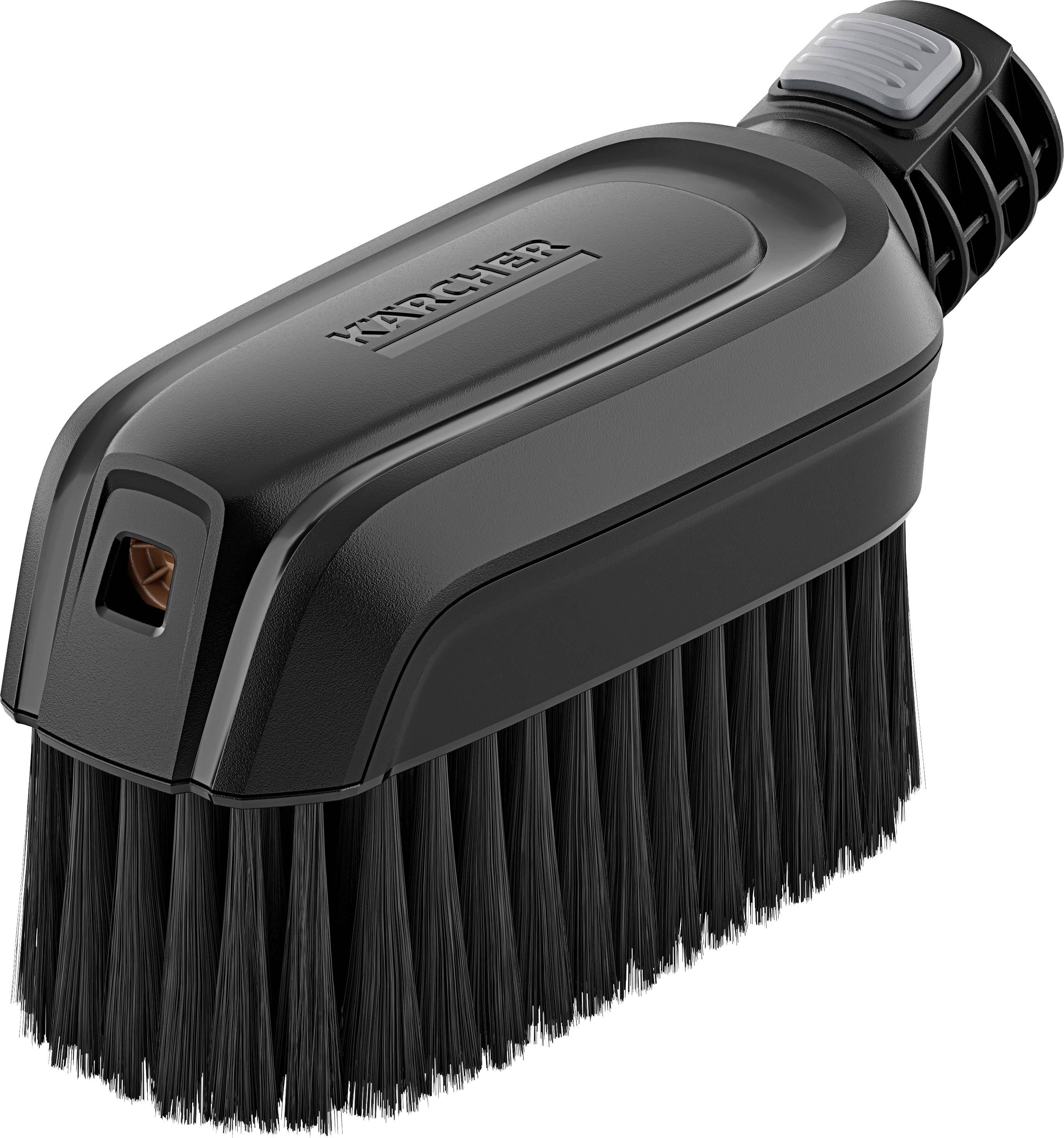 Eine schwarze Reinigungsbürste mit dichtem Borstenbesatz und ergonomischem Griff, geeignet für die gründliche Entfernung von Schmutz.