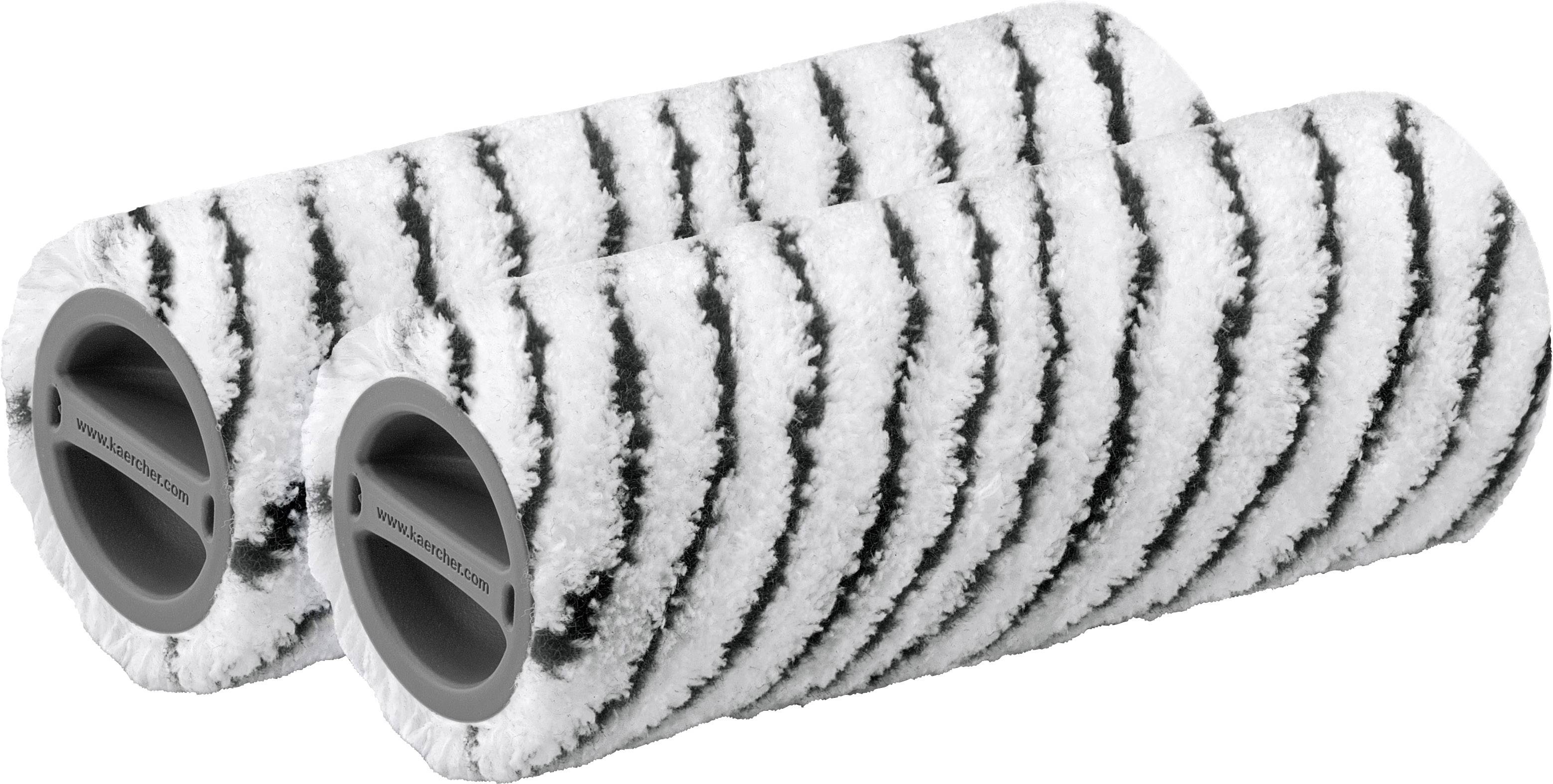 Zwei weiße Farbwalzen mit schwarzen Streifen in paralleler Anordnung, geeignet für den Einsatz in Malerarbeiten.