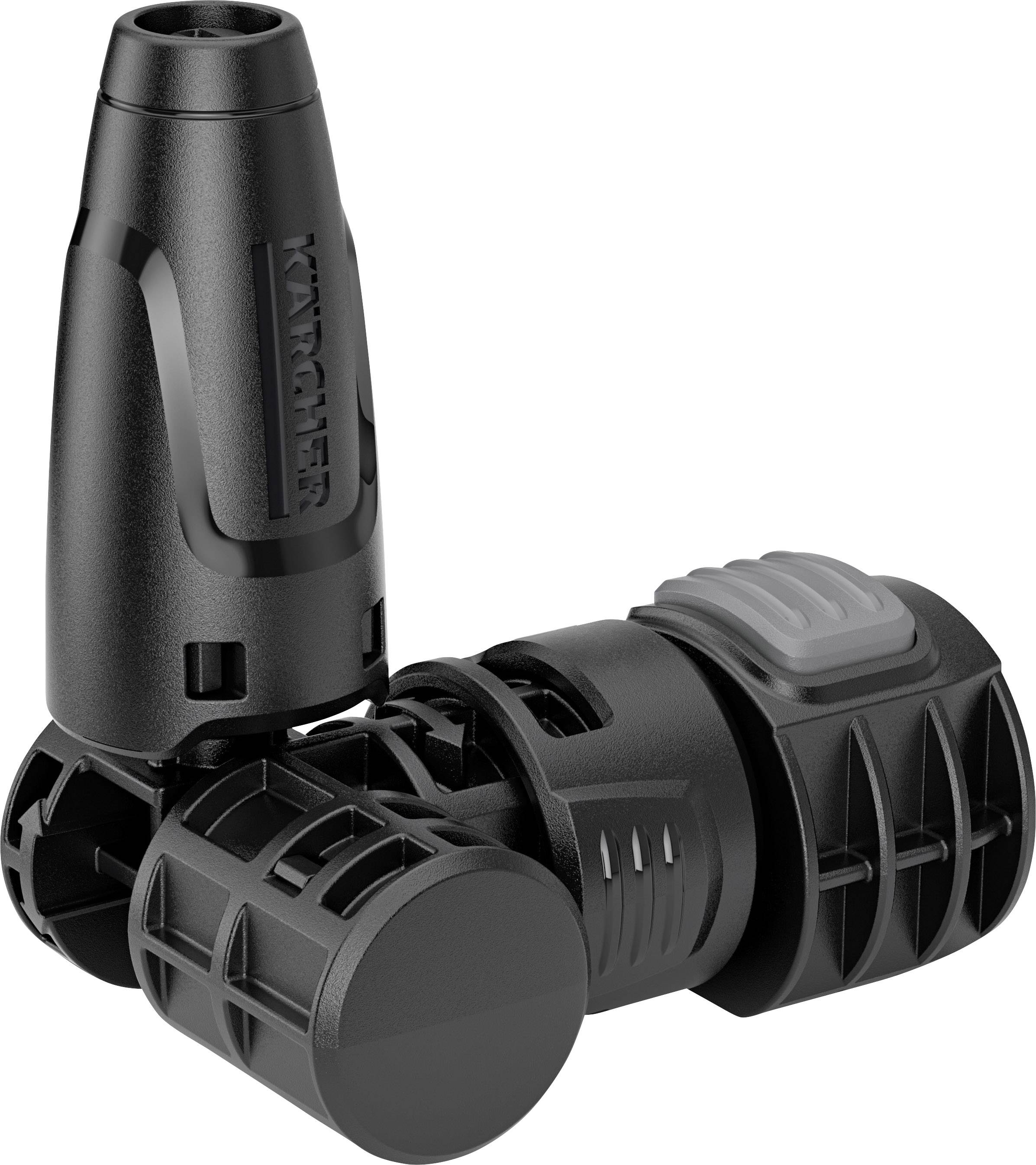 Schwarzes Kunststoffteil eines Hochdruckreinigers mit zwei Verbindungsstücken und einem runden Griff.