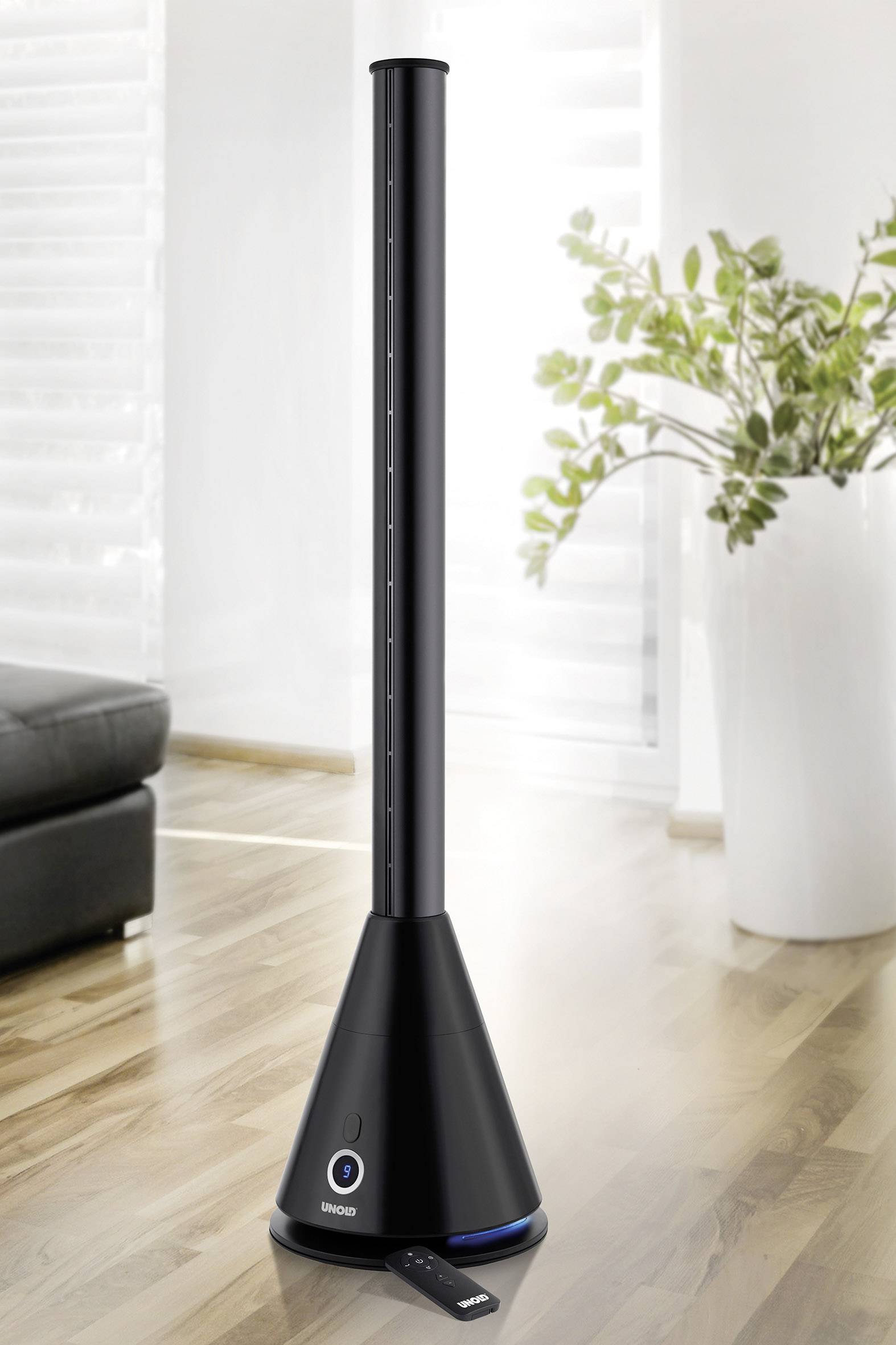Unold Black Tower Turmventilator 26 W (Ø x H) 230 mm x 960 mm Schwarz mit Fernbedienung, Timer, mit Beleuchtung, Oszillierend