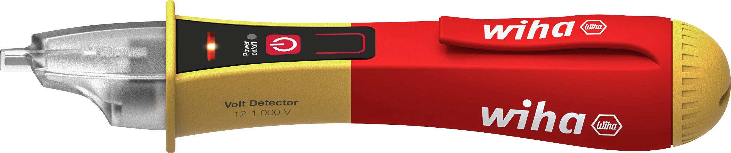 Ein Wiha Spannungsprüfer mit rotem Griff, gelber Spitze und schwarzem Display zeigt 'Volt Detector 100-1000 V'.