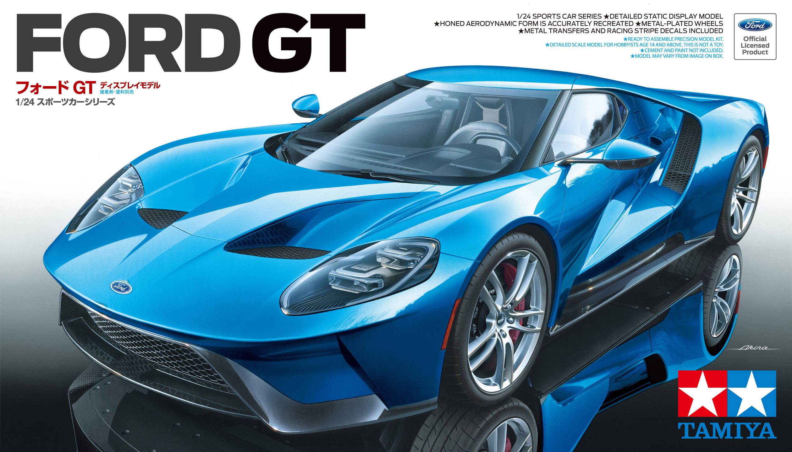 Blauer Ford GT-Sportwagen-Modell von Tamiya im Maßstab 1:24, vorne links abgebildet, auf reflektierender Oberfläche. Tamiya-Logo unten rechts.