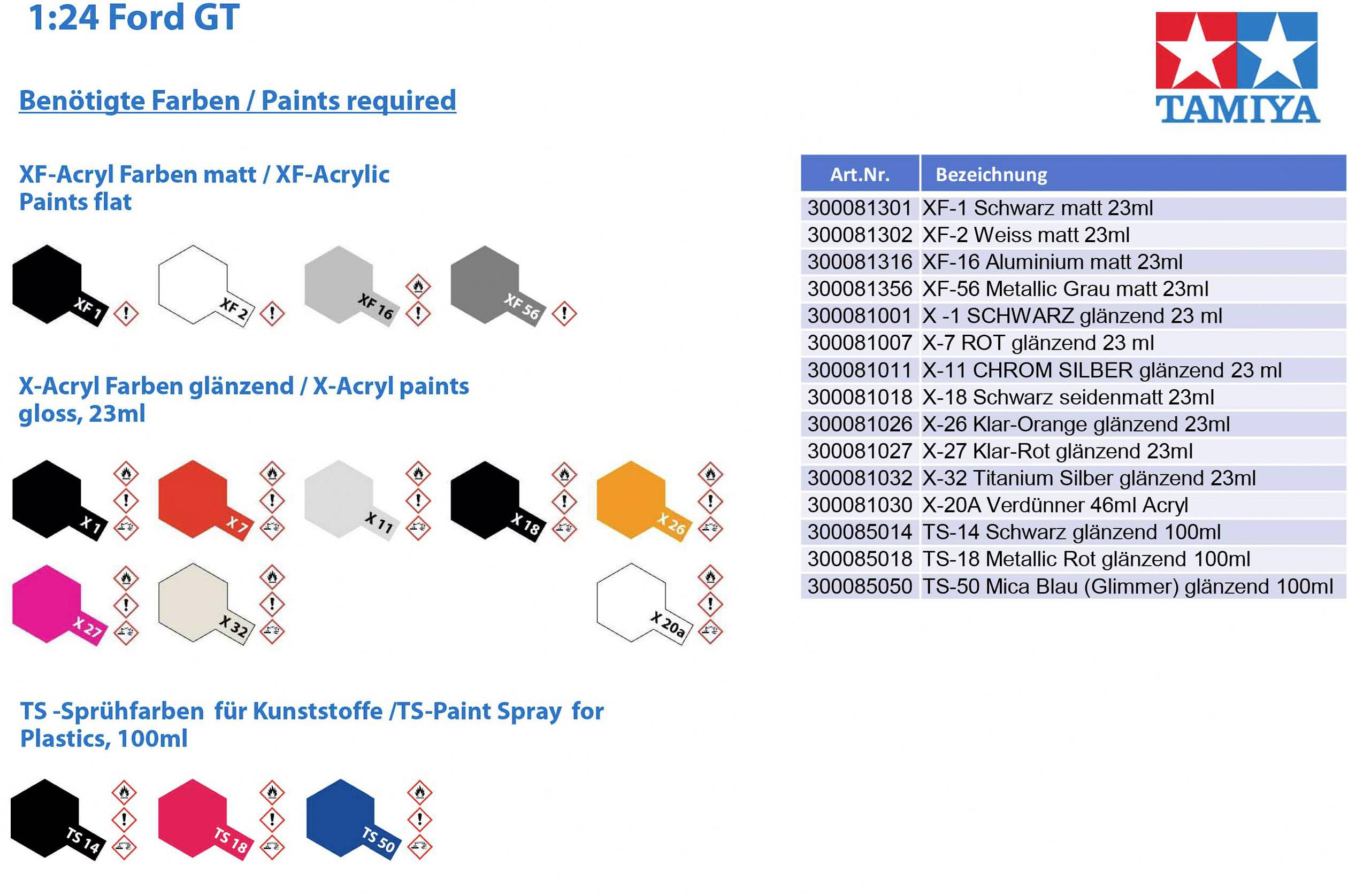 Tamiya Farben für 1:24 Ford GT Modell: Matte und glänzende Acrylfarben sowie Sprühfarben, mit Farb- und Artikelnummern.
