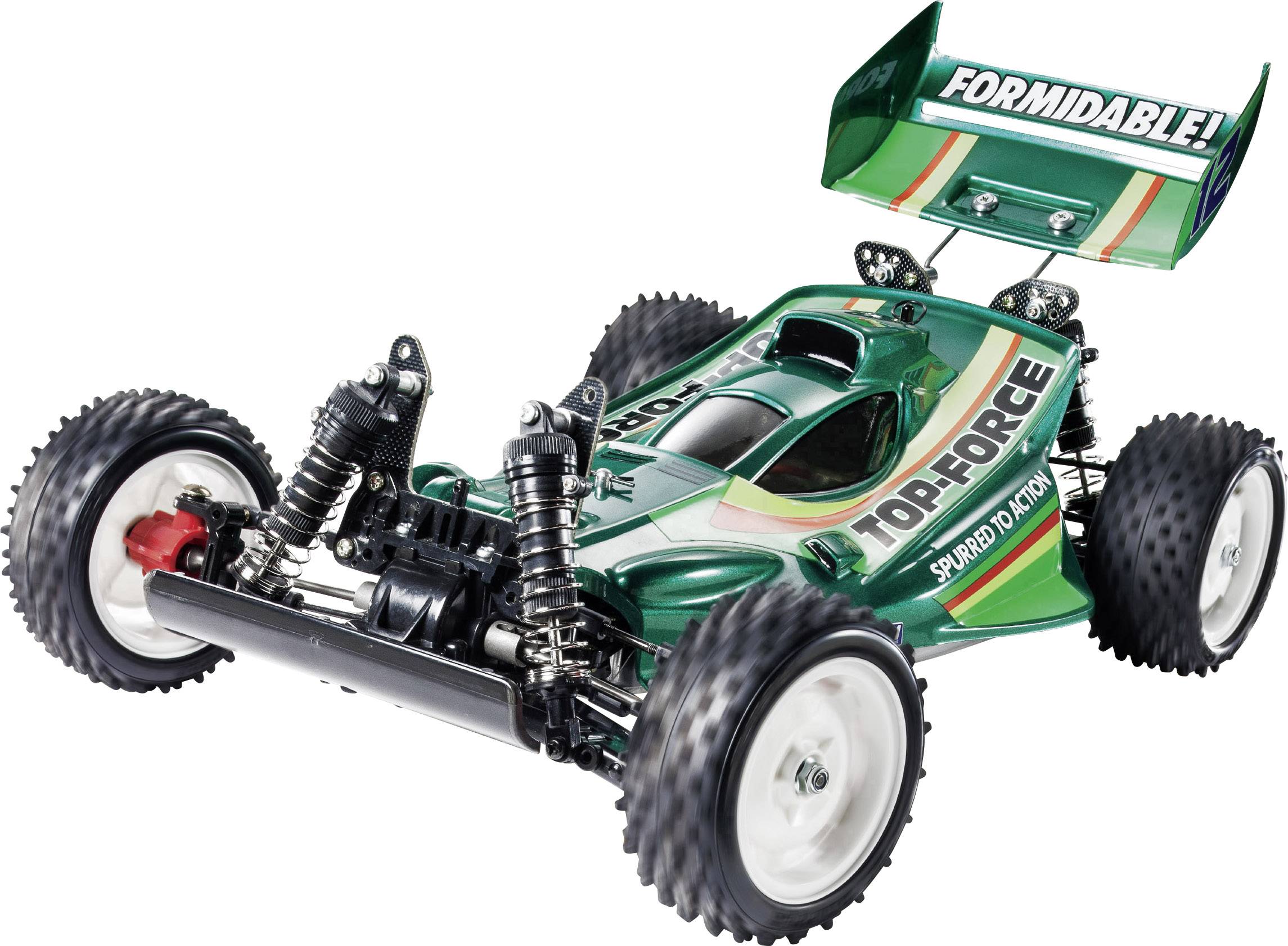 Modellauto im Rennstil mit grünem Chassis, Aufschrift 'Top-Force' und 'Formidable' auf Heckflügel, große Reifen, stoßdämpfende Federung.