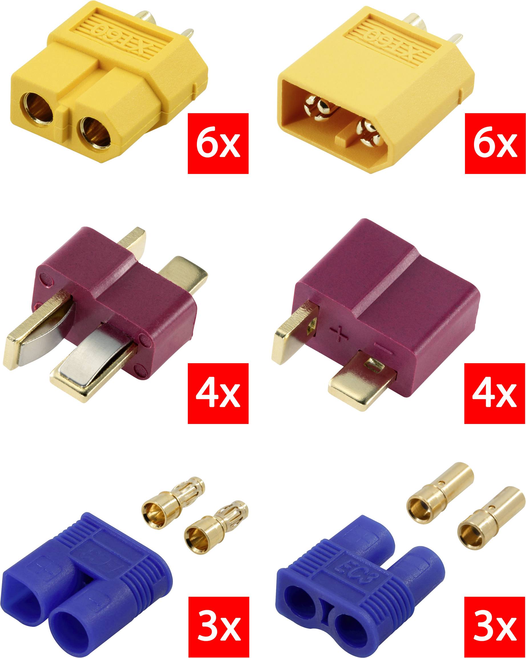 Verschiedene elektrische Steckverbinder: 6 gelbe XT60, 4 rote T-Stecker, 3 blaue EC5; jeweils mit passendem Gegenstück.