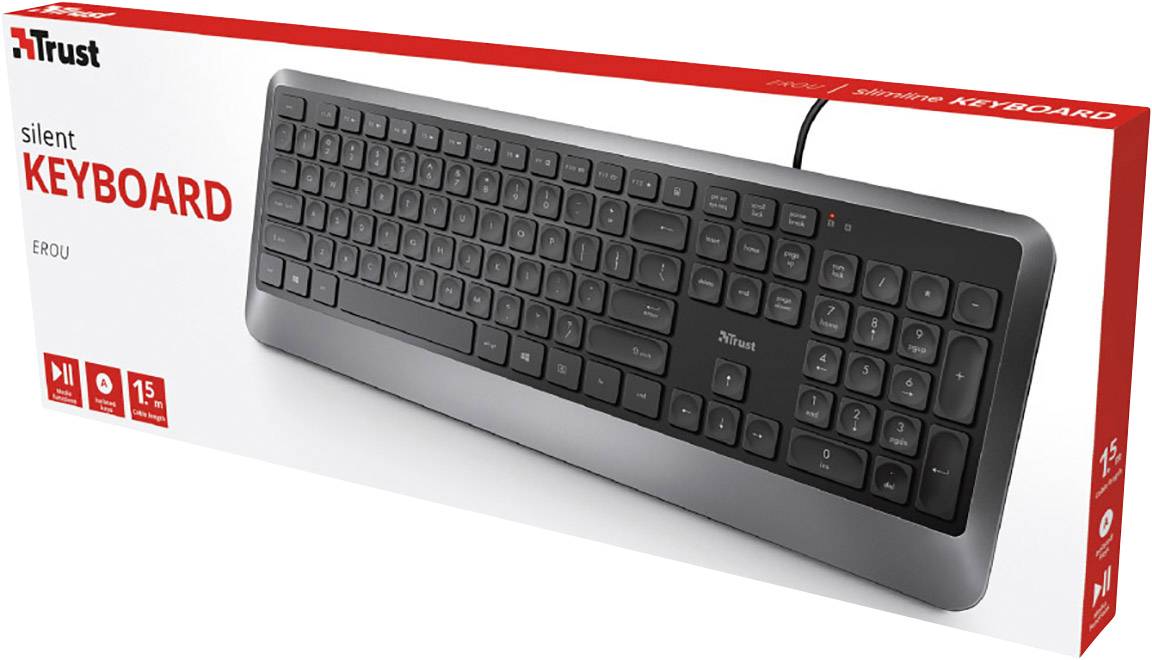 Trust EROU SILENT USB Tastatur Deutsch, QWERTZ, Windows® Schwarz, Grau