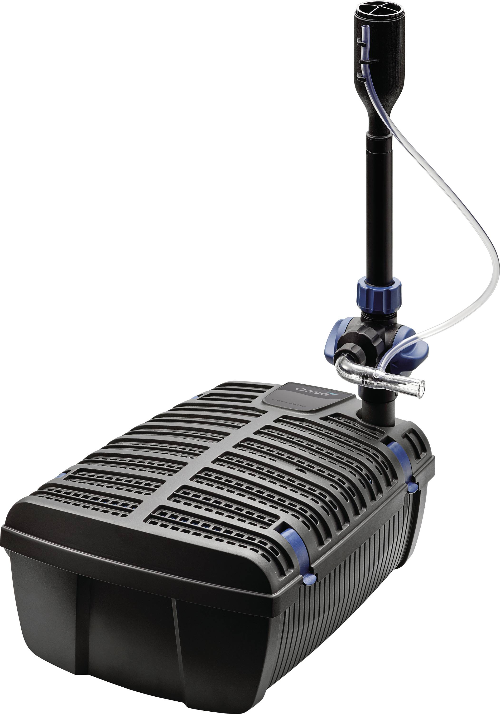 Ein schwarzer Teichfilter mit vertikalem Rohranschluss, entwickelt zur Wasserfiltrierung in Außenteichen und mit kompaktem, modernem Design.