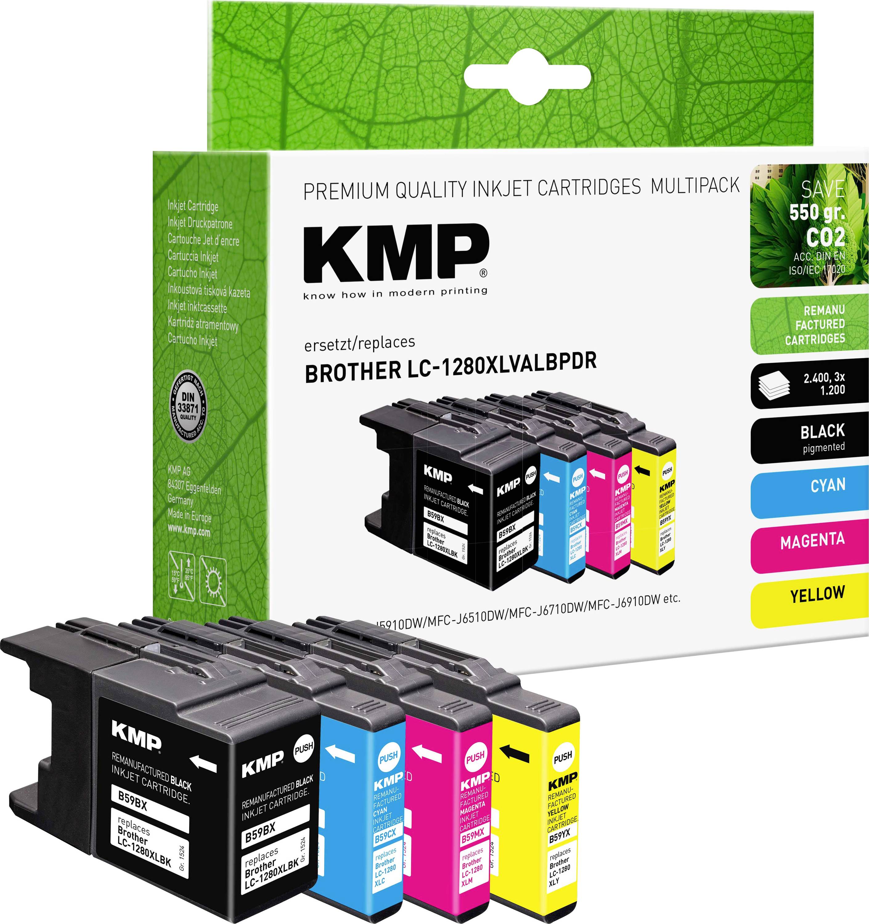 Verpackung für KMP Premium-Tintenpatronen zum Ersatz von Brother LC-1280XLVALBPDR, mit schwarzen, cyan, magenta und gelben Patronen.