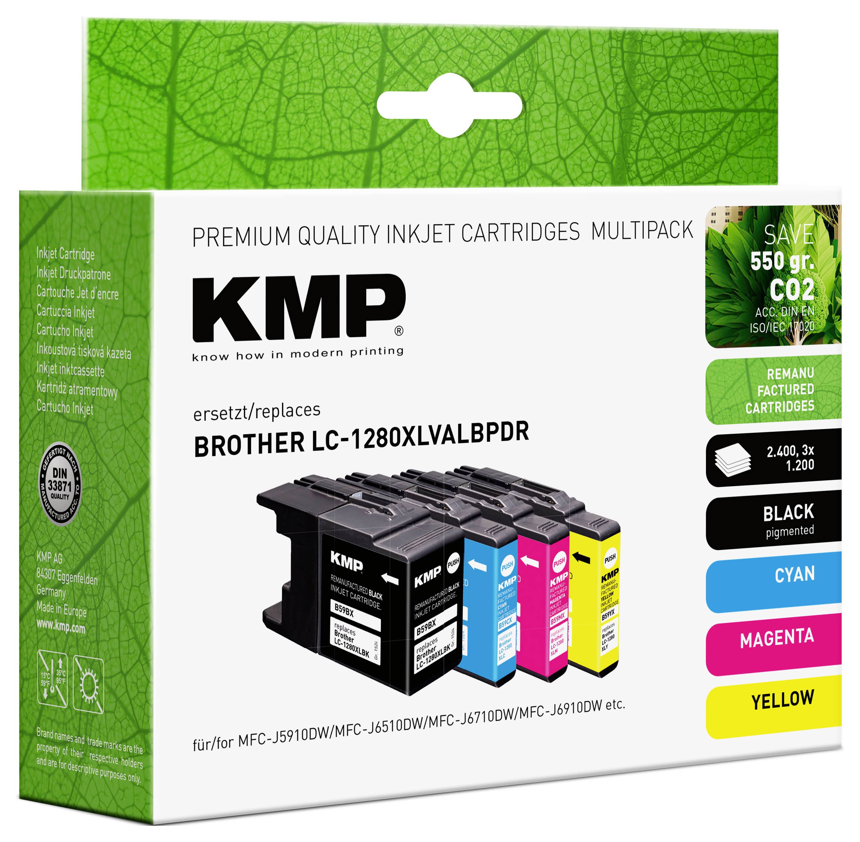 KMP Multipack Tintenpatronen für Brother LC-1280XLVALBPDR Drucker, enthält schwarz, cyan, magenta und gelb, umweltfreundliche Verpackung.