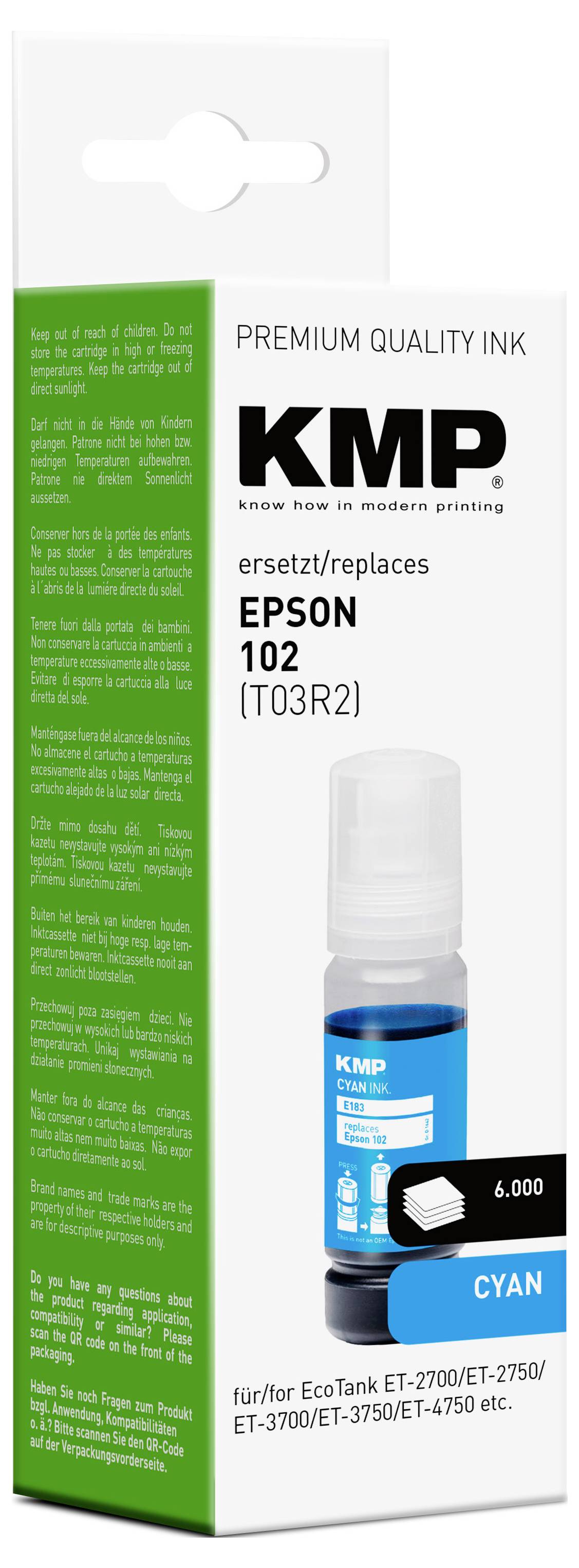 KMP Premium Qualitäts-Tinte, ersetzt Epson 102 (T03R2), Cyan-Tintenflasche für EcoTank Drucker ET-2700/ET-2750/ET-3700/ET-3750/ET-4750.