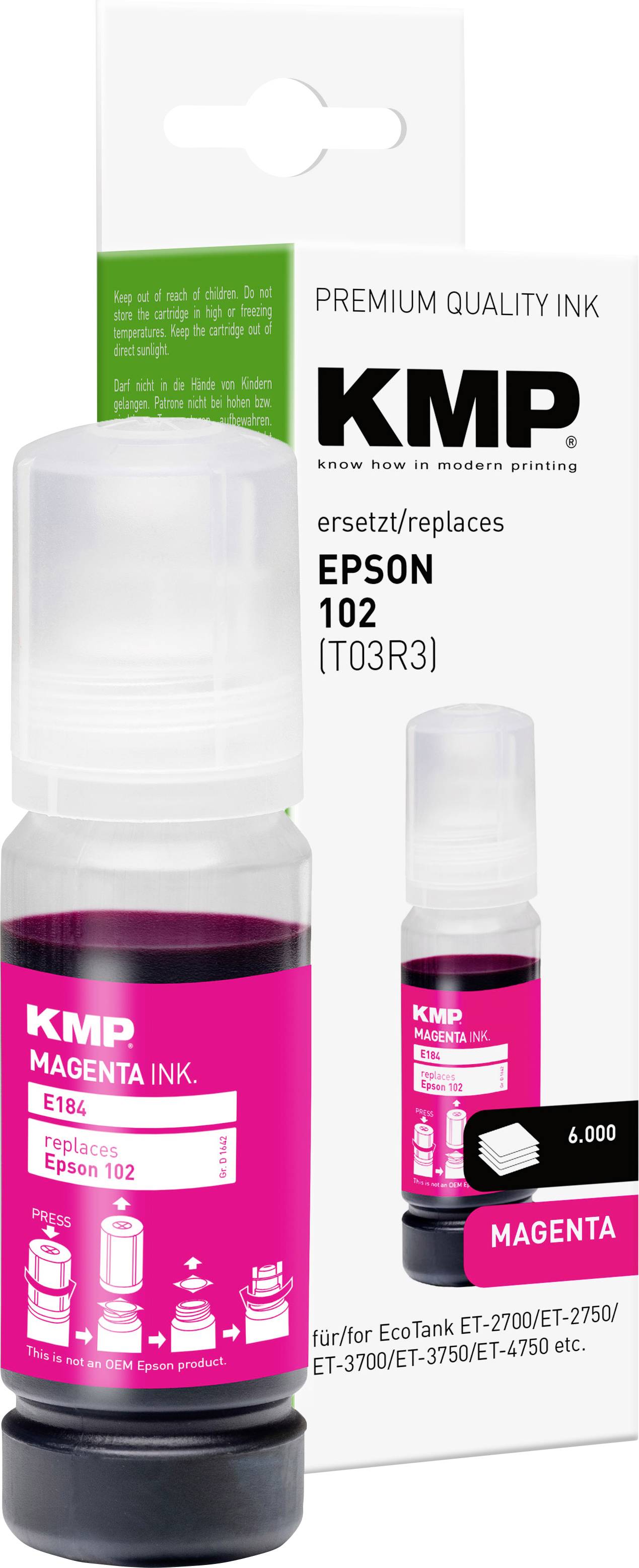 Tintenpatrone für Epson 102 Drucker. Magentafarben mit einem Etikett, das Kompatibilitätsdetails und die Markenbezeichnung 'KMP Premium Qualitäts-Tinte' anzeigt.