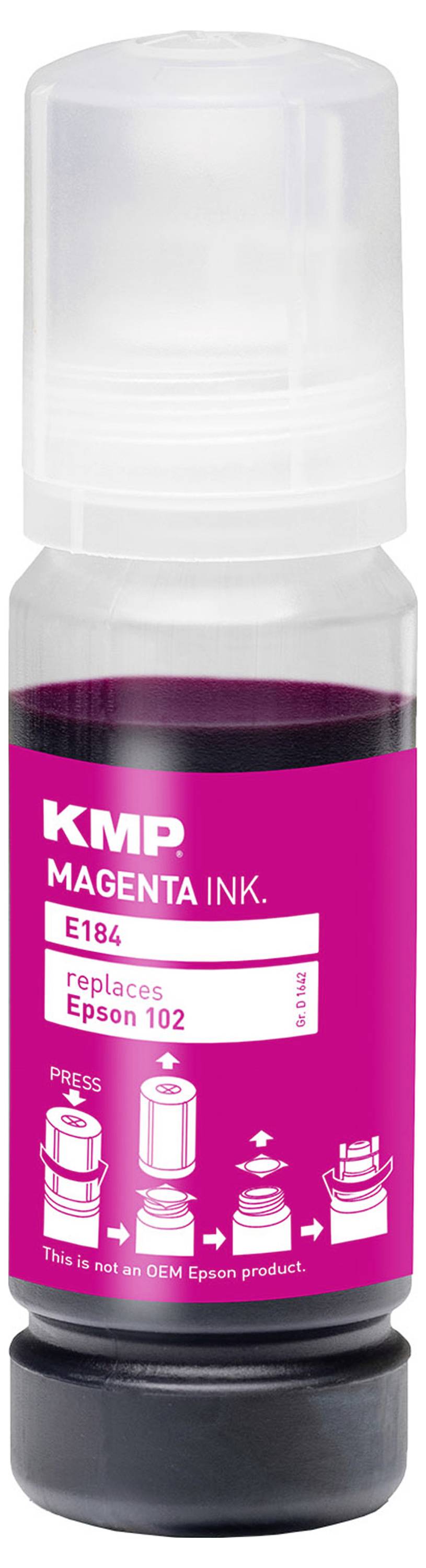 Magenta KMP Tintenflasche, beschriftet mit 'E184', geeignet zum Ersetzen von Epson 102 Tinte, mit Illustrationen zur Produktverwendung.