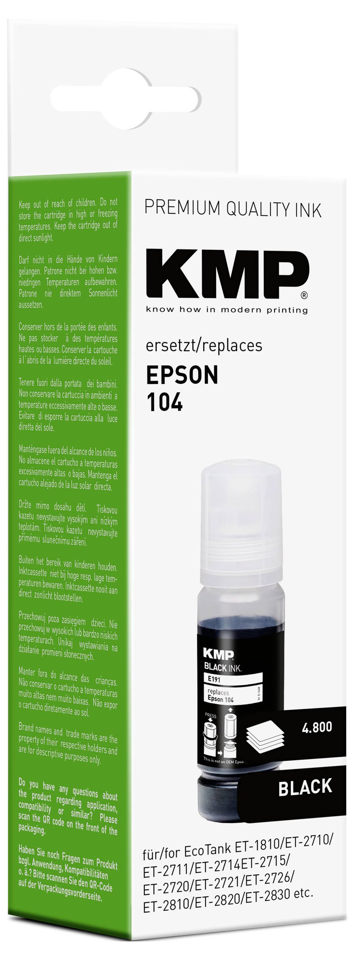 KMP Premium Quality Tinte, ersetzt Epson 104, schwarz, für EcoTank Modelle ET-1810/ET-2710/ET-2711/ET-2720/ET-2820, 4.500 Seiten Druckleistung.