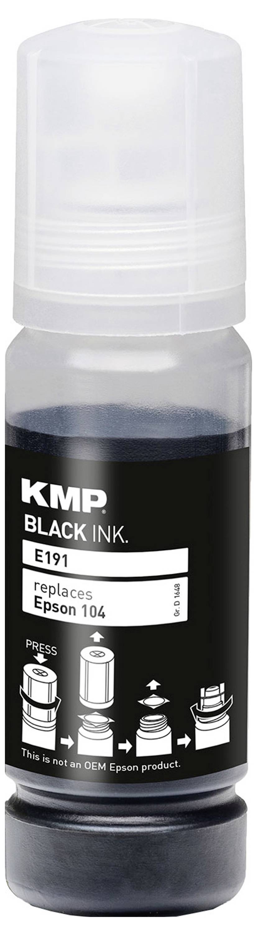 Eine Flasche KMP Black Ink, Modell E191, die Epson 104 ersetzt. Vermerk auf dem Etikett: „Dies ist kein Original-Epson-Produkt.