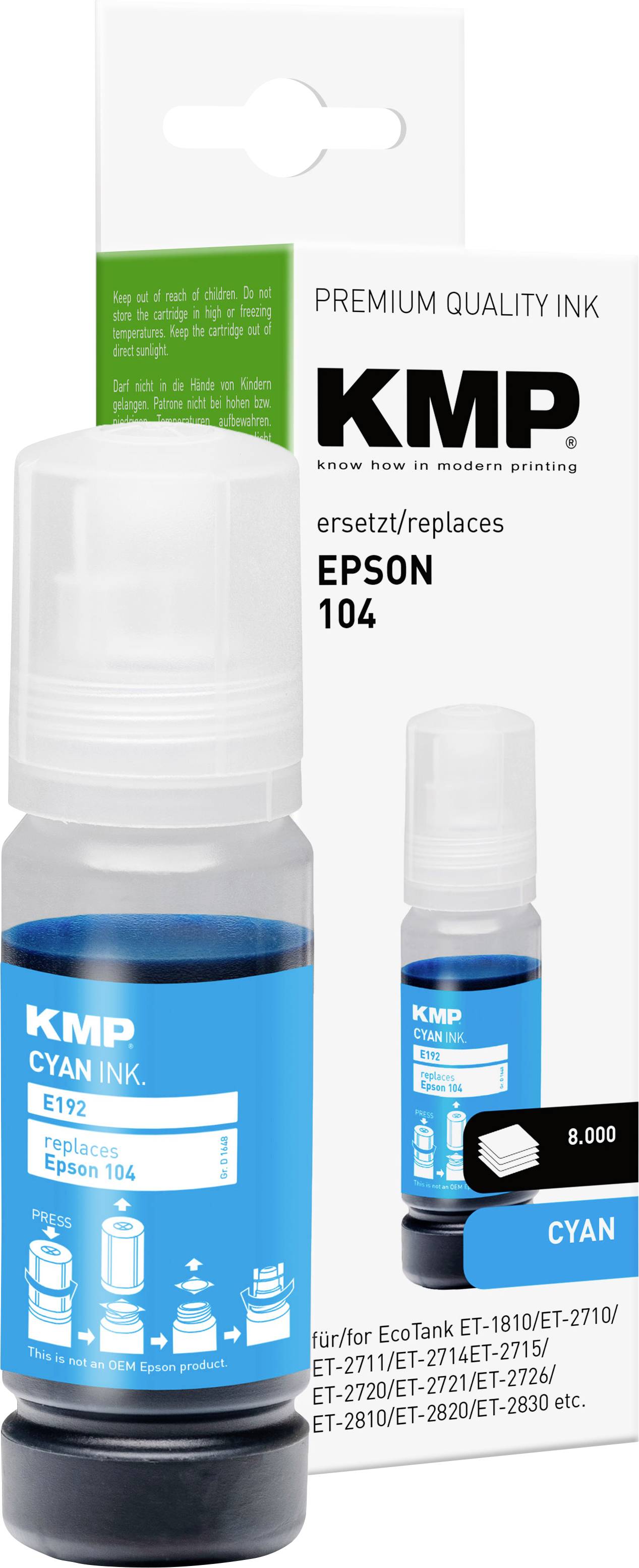KMP Premium-Qualitäts Cyan-Tintenflasche für Epson EcoTank Drucker, ersetzt Epson 104. Umfasst eine Seitenausbeute von 8.000 Seiten. Verpackung zeigt Produktinformationen.
