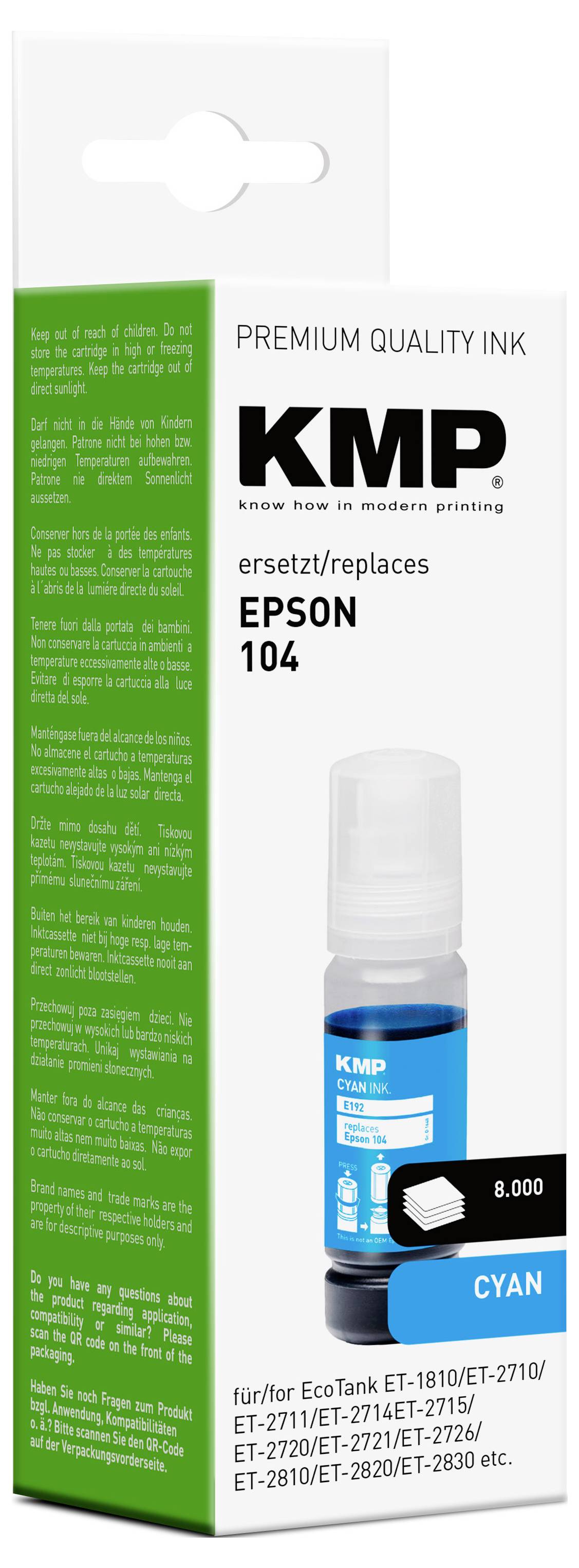 Cyan Tintenflasche für Epson 104 von KMP, Premium-Qualität, geeignet für EcoTank ET-1810, ET-2710 und ET-2820 Serie.