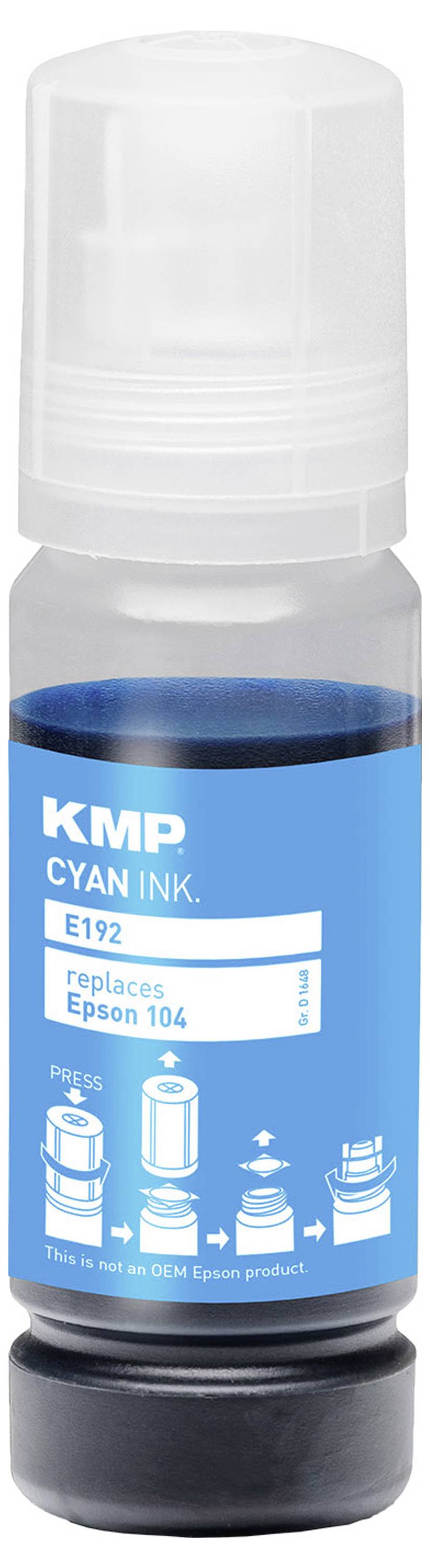 Cyan-Tintenauffullflasche mit der Bezeichnung 'KMP CYAN TINTE' für Epson 104. Anleitung mit Symbolen zeigt das Öffnen, Ersetzen und Schließen des Deckels.
