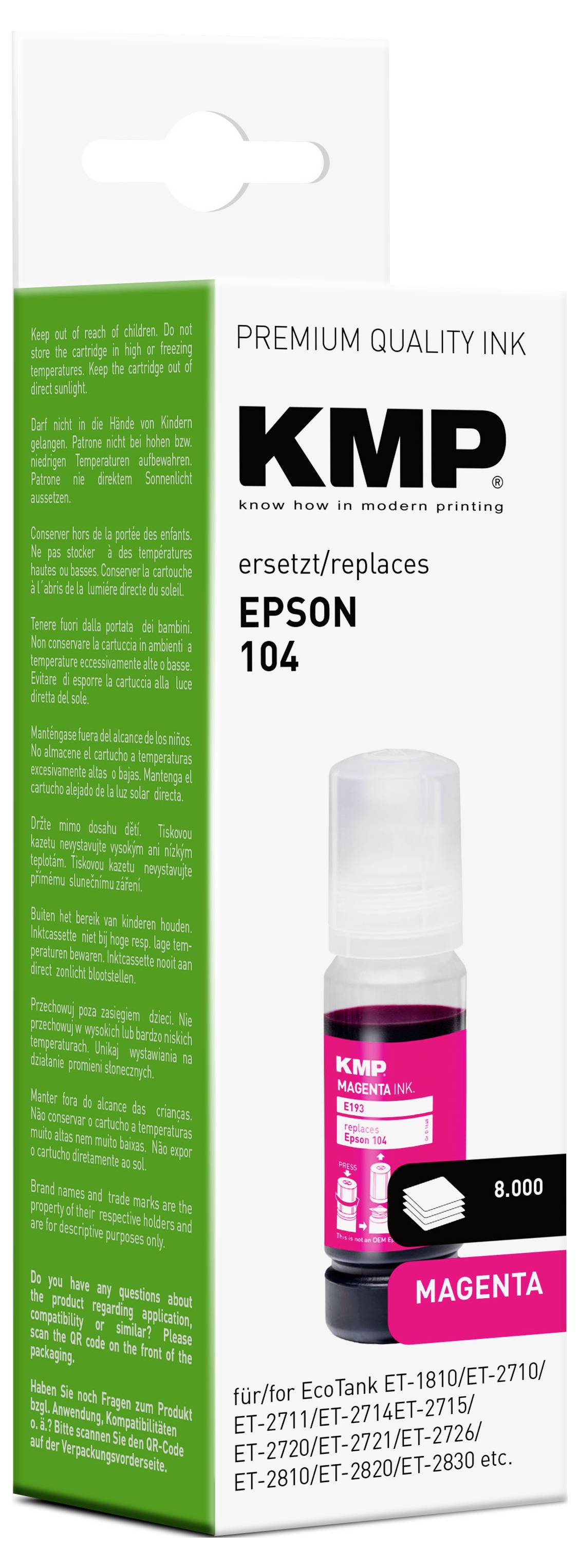 'Premium Quality Ink KMP' Magenta Tintenflasche für Epson 104, mit einer Kapazität von 8.000 Seiten. Für Modelle ET-1810, ET-2710, ET-2820 und andere.