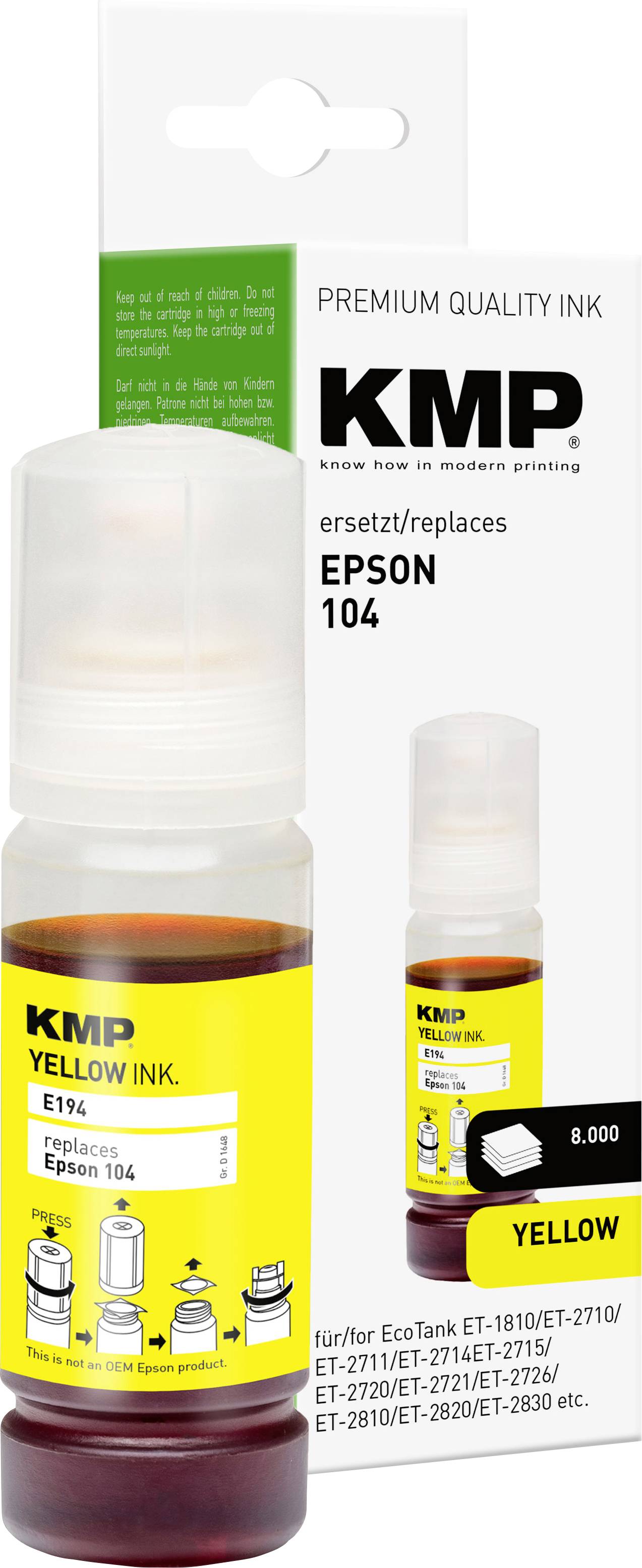 KMP Gelbe Tinte, ersetzt Epson 104, Premium-Qualität, für EcoTank Drucker ET-1810 bis ET-2830, 8.000 Seiten Ergiebigkeit, Flasche inklusive.