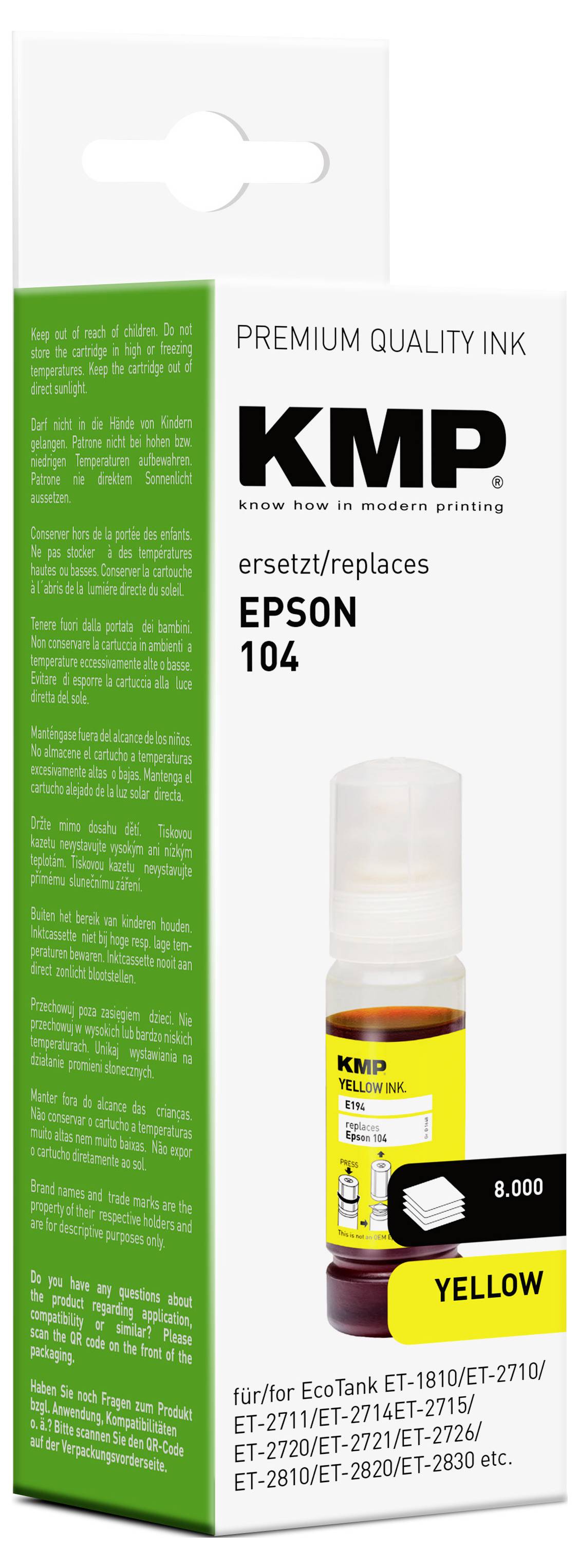 Eine gelbe Tintenflasche für Epson 104, kompatibel mit bestimmten EcoTank-Modellen, mit einer Druckleistung von 8.000 Seiten, dargestellt in der Produktverpackung.