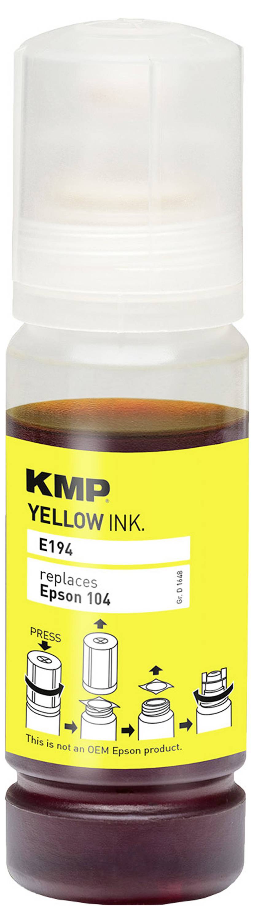 KMP Gelbtinte Flasche, beschriftet mit 'E194 ersetzt Epson 104', mit Öffnungs- und Nutzungsanweisungen auf dem Etikett.